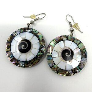 Abalone Paua Shell and Eye of Shiva Slice Round Dangle Earrings